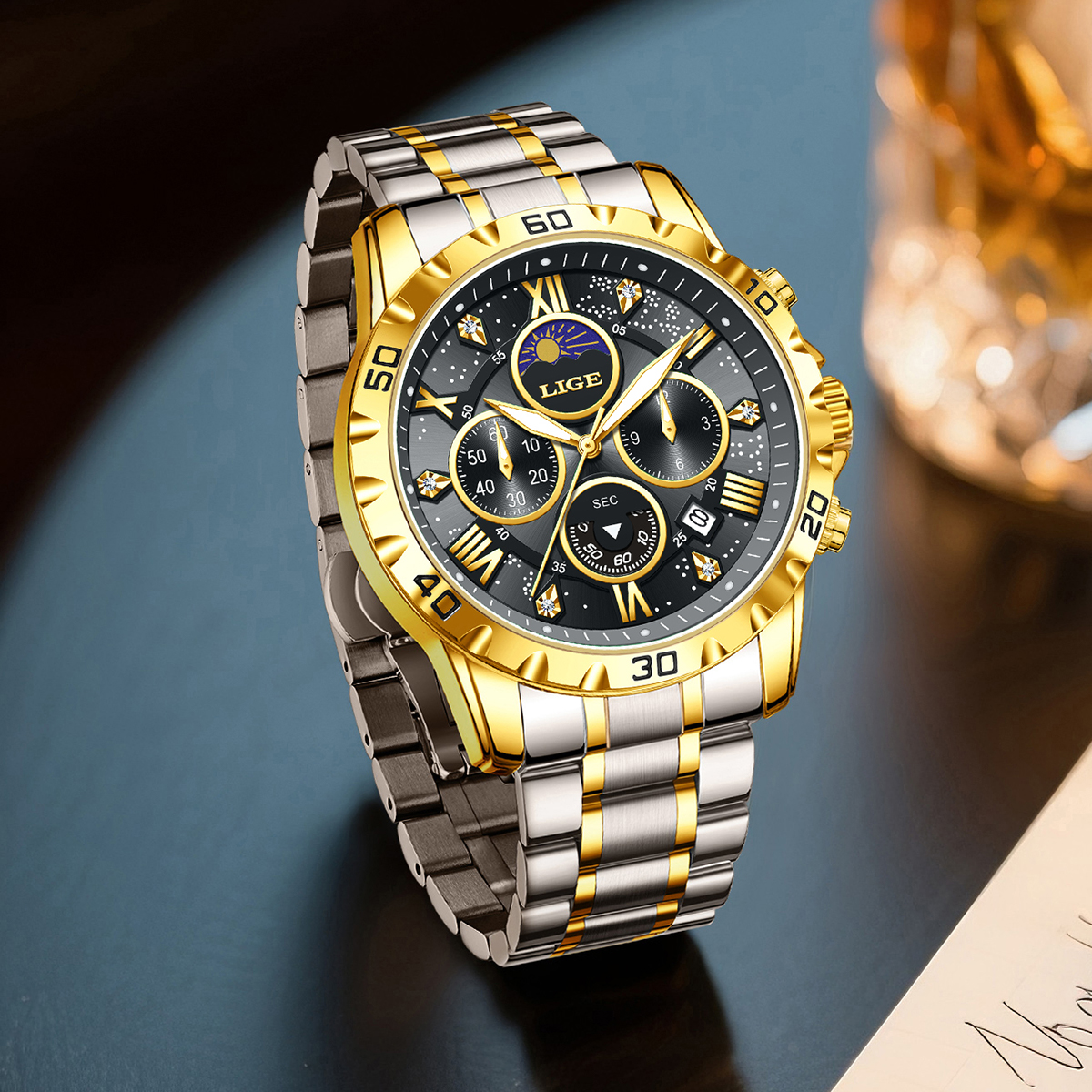 LIGE Top Brand Luxury Quartz M - Luxury Watch Moon Phase ulasan dan harga