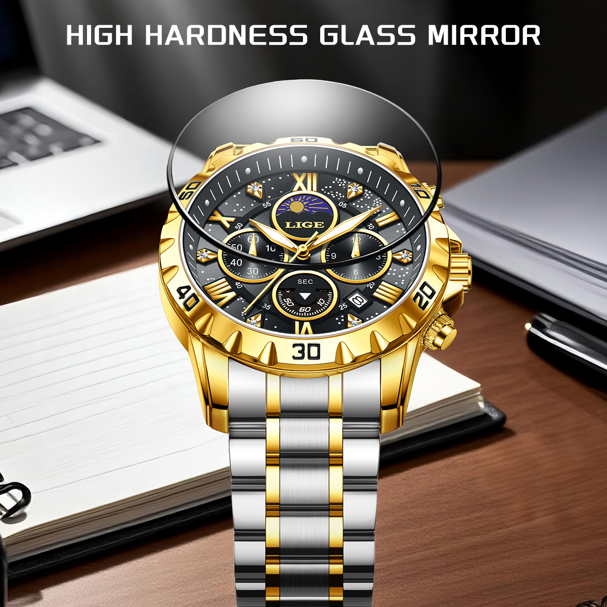 LIGE Top Brand Luxury Quartz M - Luxury Watch Moon Phase ulasan dan harga