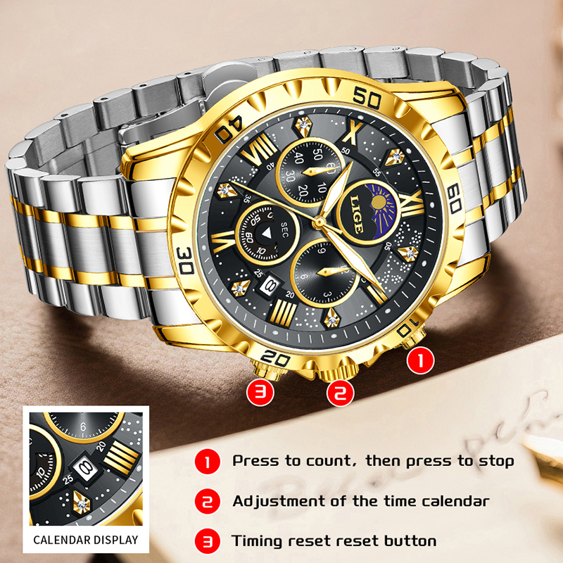 LIGE Top Brand Luxury Quartz M - Luxury Watch Moon Phase ulasan dan harga