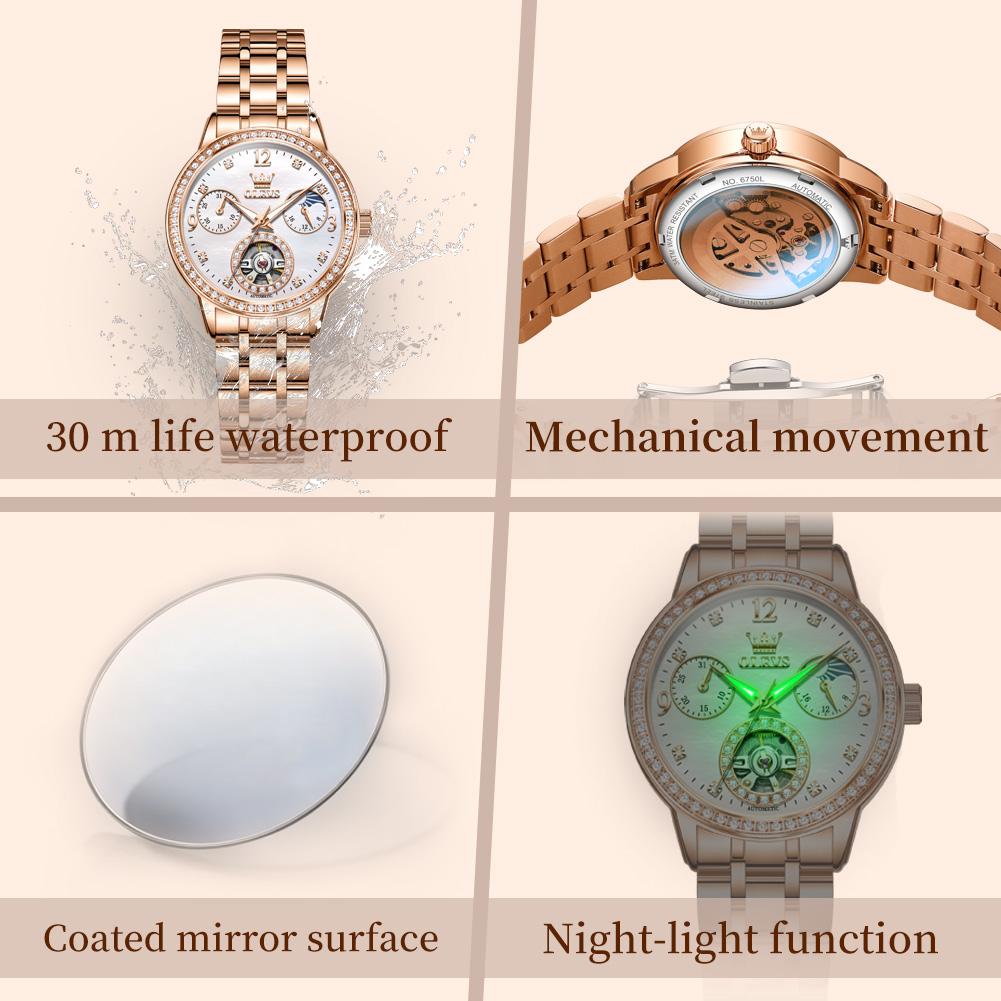 OLEVS Brand Woman Mechanical W - Luxury Watch Moon Phase ulasan dan harga