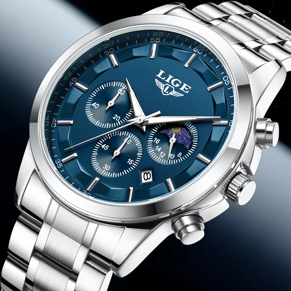 LIGE Luxury Fashion Quartz Man - Luxury Watch Moon Phase ulasan dan harga